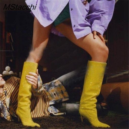 main image4Rhinestone Women s High Boots Pointed Toe Slip on Long Boots Women Demonia Boots High Heels