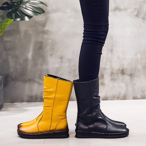 main image4TIMETANG 2021Genuine Leather Mid Calf Women Shoes Winter Tall Rubber Boots Women Platform Boots Female Cotton