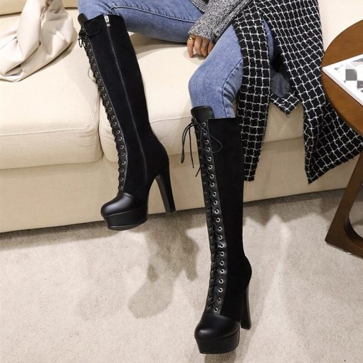 main image4Vintage Lace Up Knee High Boots Women Shoes Platform High Heels Women s High Boots Black