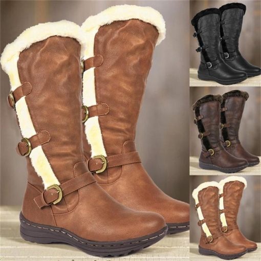 main image4Winter Women Long Boots Fur Plush Warm Platform Snow Boots Solid Color Leather Casual Female Shoes
