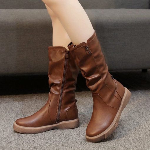 main image4Women Ankle Boots Ladies Shoes Slip on Mid Calf Boots Platform Soft PU Leather Long Boot 1