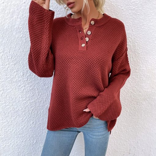 main image4Women Sweater 2022 Fashion Solid Loose Button Knitting Sweaters Vintage Long Sleeve Female Pullover Autumn Winter