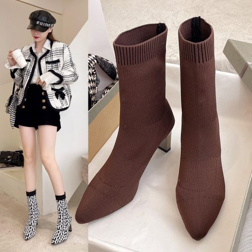main image52022 New Winter Women s Shoes Knitted Mid calf Socks Boots Pointed Toe Stiletto Elastic Designer