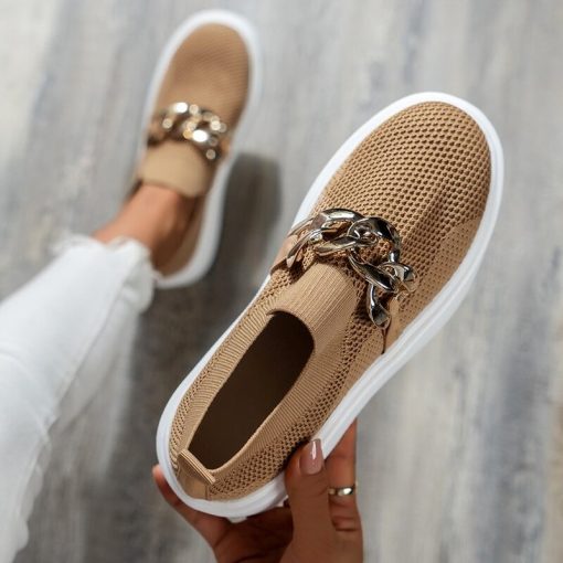 main image52022 New Women s Sneakers Fashion Chain Solid Color Women s Flat Shoes Breathable Thick Sole