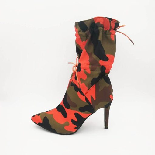 main image52022 Spring High Heels Pointed Toe Mid Calf Boots for Women Fashion Camouflage Print Stiletto Lace