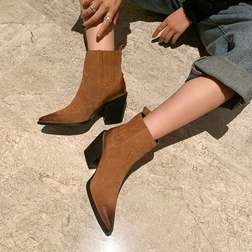 main image5Leather Boots Women Genuine Pointed Toe Mid Heel Ankle Boots Thick Square Heel Slip On Western