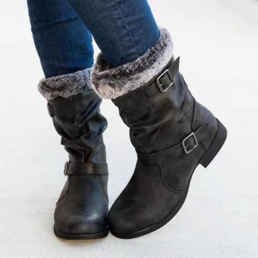 main image5Mid Calf Boots Women Plus Velvet Warm Booties Autumn Winter Leather Retro Flat Shoes Fashion Buckle