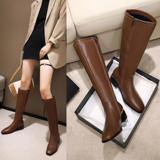 main image5Oversized Square Toe Thick Heel Boots Microfiber Nappa Pattern Brown Knee Length Boots Side Zipper Autumn