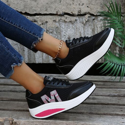 main image5Summer Running Shoes for Women 2022 Mesh Breathable Sneakers Fashion Lace Up Wedge Platform Ladies Outdoor