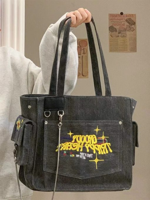 main image5Washed Canvas Embroidered Letters Portable Retro Vintage Tote High Capacity Shoulder Underarm Bag Shopping Bag Woman