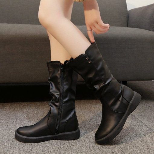 main image5Women Ankle Boots Ladies Shoes Slip on Mid Calf Boots Platform Soft PU Leather Long Boot 1