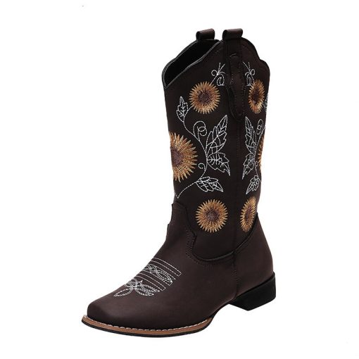 main image5Women Flower Embroidery Shoes Slip on Riding Boots Lady Square Heel Mid Calf Boot Female Winter