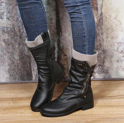 main image5Women Mid Calf Boots Autumn Winter Female Casual Shoes Flat Fashion Platform Round Toe Zip Solid