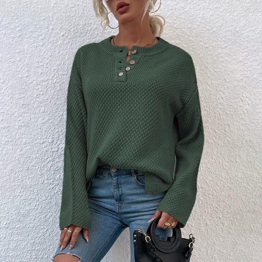 main image5Women Sweater 2022 Fashion Solid Loose Button Knitting Sweaters Vintage Long Sleeve Female Pullover Autumn Winter
