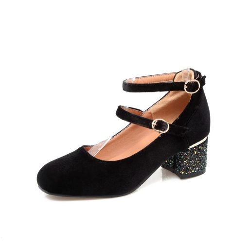 variant image0Concise Spring 2022 New Solid Velvet Flock Shoes Women Square Toe Ankle Strap Bling Sequined Heel