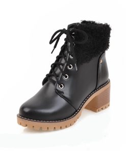 variant image0Girseaby 2021 Ladies Lambswool Ankle Boots Vintage Zip Lace Up Round Toe Platforms 6CM Chunky Heel