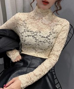 variant image0Lace Turtleneck Long Sleeve T Shirt Female Thin Black See Through Rose Solid Blouses Tulle Gauze