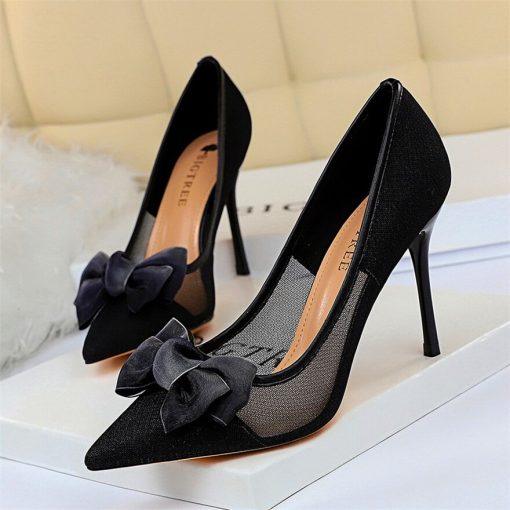 variant image0Ladies Sexy Mesh Hollow Black Blue Shoes Women Pumps Fashion Bowknot High Heels Shoes Woman Pointed