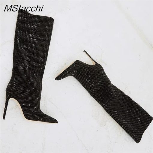 variant image0Rhinestone Women s High Boots Pointed Toe Slip on Long Boots Women Demonia Boots High Heels