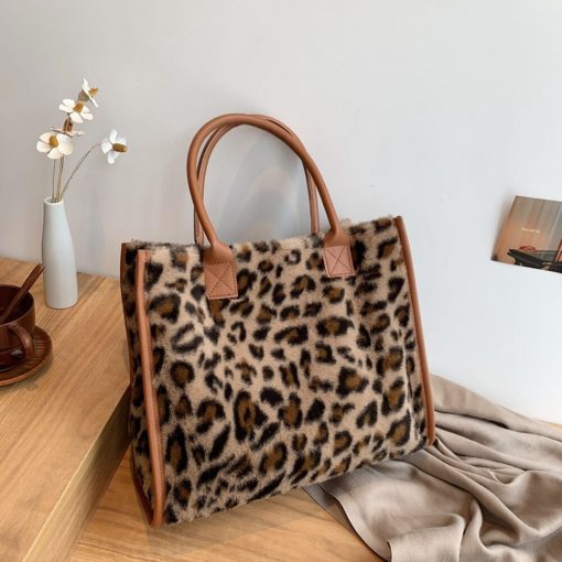 variant image0Top Handle Bags Retro Cow Leopard Print PU Leather Plush Design Autumn Winter Fashion Small Women