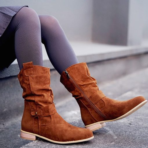 variant image11Women Knee High Boots Solid Color Suede Ladies Boot Autumn Warm Pointed Toe Sexy Zipper Low