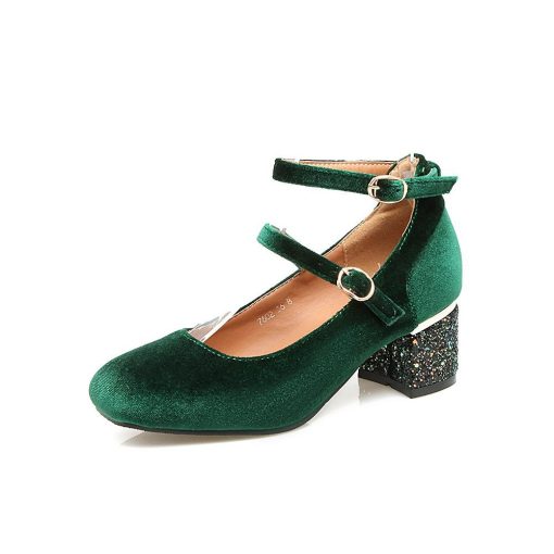 variant image1Concise Spring 2022 New Solid Velvet Flock Shoes Women Square Toe Ankle Strap Bling Sequined Heel