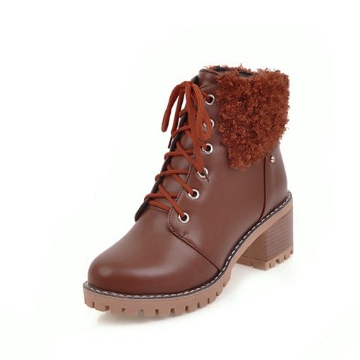 variant image1Girseaby 2021 Ladies Lambswool Ankle Boots Vintage Zip Lace Up Round Toe Platforms 6CM Chunky Heel