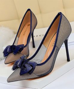 variant image1Ladies Sexy Mesh Hollow Black Blue Shoes Women Pumps Fashion Bowknot High Heels Shoes Woman Pointed