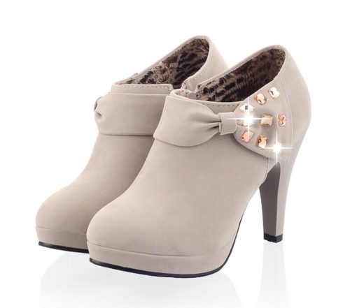 variant image1Nubuck Leather women boots fashion Rhinestone Bowtie Round Toe High Thin Heels Ankle boots Solid pumps