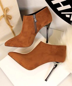 variant image1Pointed Metal Heel Women s Ankle Boots High Heels Fashion Side Zipper Ladies Shoes Solid Flock