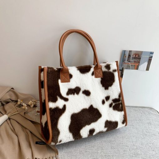 variant image1Top Handle Bags Retro Cow Leopard Print PU Leather Plush Design Autumn Winter Fashion Small Women