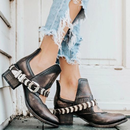 variant image1Women Ankle Boots Leather Metal Chunky Heel Riding Cowboy Boots Pointed Toe Western Booties 2022 Autumn