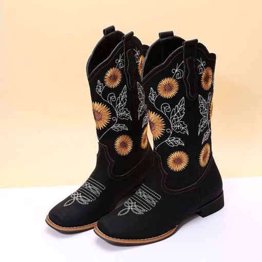 variant image1Women Flower Embroidery Shoes Slip on Riding Boots Lady Square Heel Mid Calf Boot Female Winter