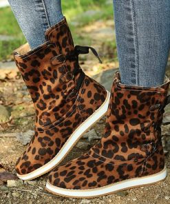 variant image22022 New Mid Calf Boots Women Shoes Retro Lace Up Leopard Boots Female Casual Short Boots