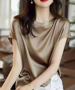 variant image2Silk Thin Short Sleeve Tees Korean Style Slip Woman Summer Clothes Elegant Black Brown Tops Solid