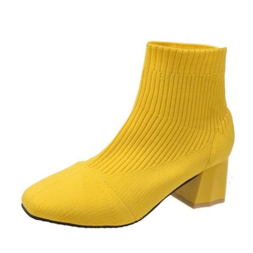 variant image2Stretch Sock Boots For Women Shoes Square Heel Yellow Knitting shoes Elastic Cottton Boots Lady Footwear