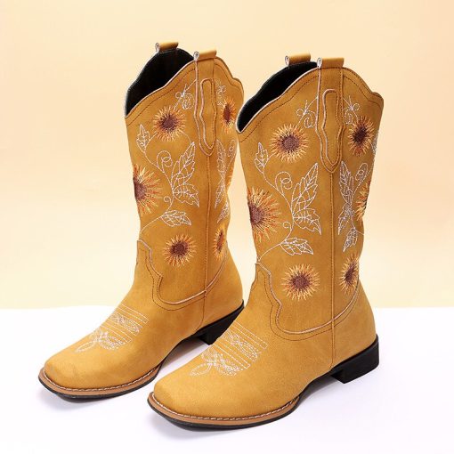 variant image2Women Flower Embroidery Shoes Slip on Riding Boots Lady Square Heel Mid Calf Boot Female Winter