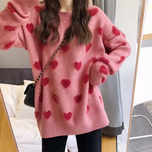 variant image2Women Sweater Autumn Winter Long Sleeve Pullover Female Love Heart Knitted Sweater O Neck Casual Preppy