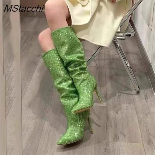 variant image3Rhinestone Women s High Boots Pointed Toe Slip on Long Boots Women Demonia Boots High Heels