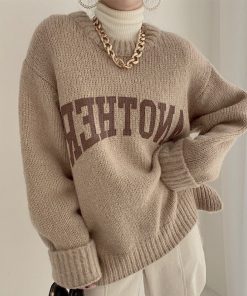 variant image3Women Vintage Khaki Knitting Sweater Letter Printing Round Neck Long Sleeves Casual Korean Fashion Baggy Ladies