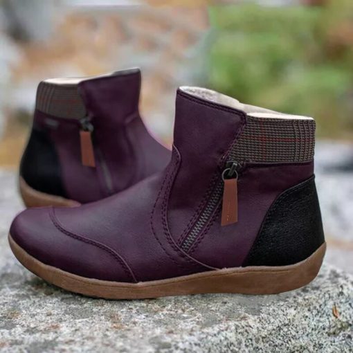 variant image3Women s Boots Plus Size Ladies Autumn Winter Vintage Splicing Round Toe Plus Velvet Zip Up