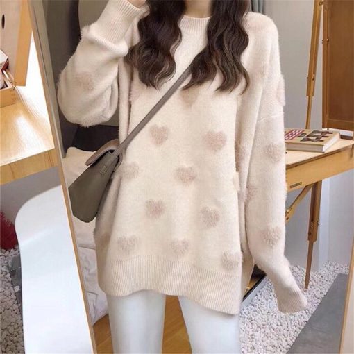 variant image4Women Sweater Autumn Winter Long Sleeve Pullover Female Love Heart Knitted Sweater O Neck Casual Preppy