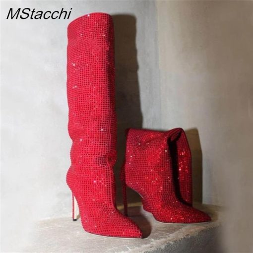 variant image5Rhinestone Women s High Boots Pointed Toe Slip on Long Boots Women Demonia Boots High Heels