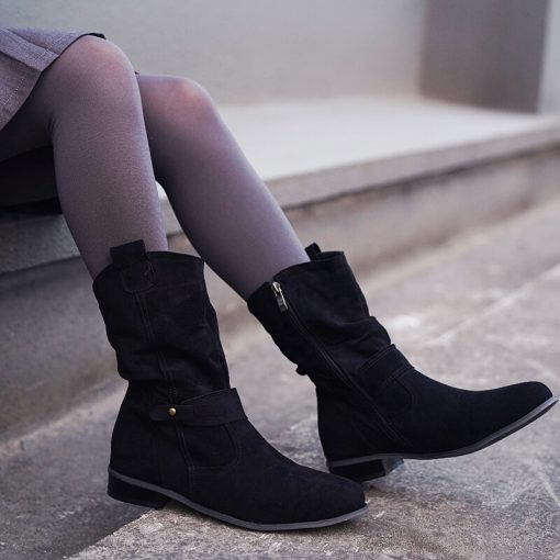 variant image7Women Knee High Boots Solid Color Suede Ladies Boot Autumn Warm Pointed Toe Sexy Zipper Low