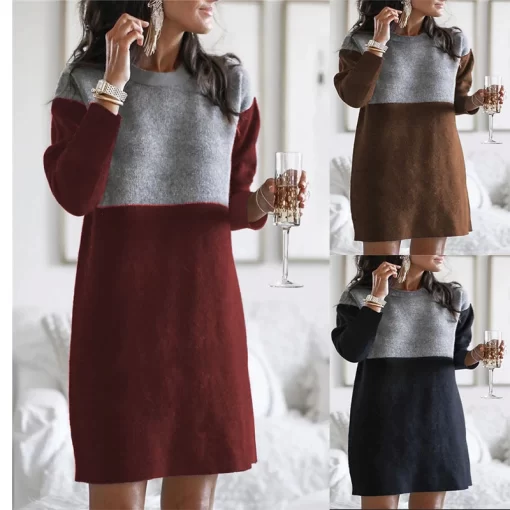 Autumn Winter New Fashion Color Matching Long Sleeve O Neck Patchwork Women s Mini Dress 2021.jpg Q90.jpg