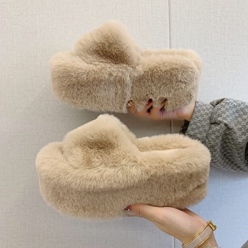 Slippers Women Winter Fur Platform Shoes 2022 New High Heels Slides Causal Shoes Mules Warm Home Cotton Shoes Mujer Zapatillas