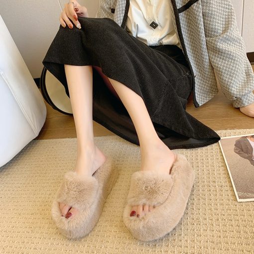 Slippers Women Winter Fur Platform Shoes 2022 New High Heels Slides Causal Shoes Mules Warm Home Cotton Shoes Zapatillas