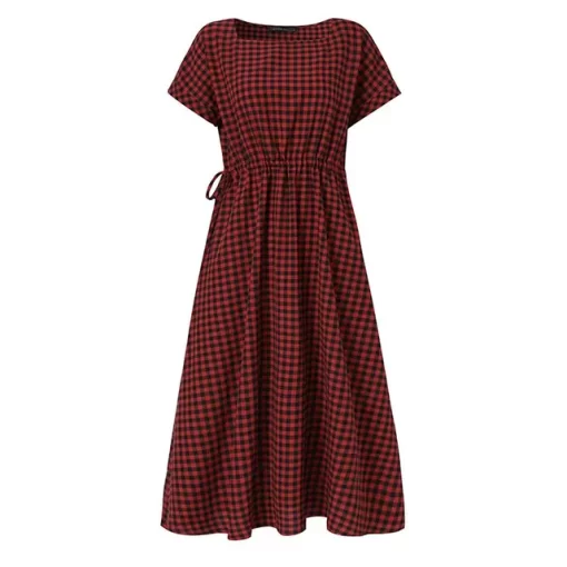 Vintage Women Plaid Checked Midi Dress Summer Elegant Square Neck Short Sleeve Sundress