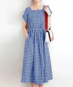 ZANZEA Vintage Women Plaid Checked Midi Dress Summer Elegant Square Neck Short Sleeve Sundress Party Vestidos.jpg 640x640.jpg 1