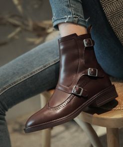main image02020 Autumn New Woman Buckle Chelsea Boots Handmade Genuine Leather Round Toe Shoes Quality Buckle Square